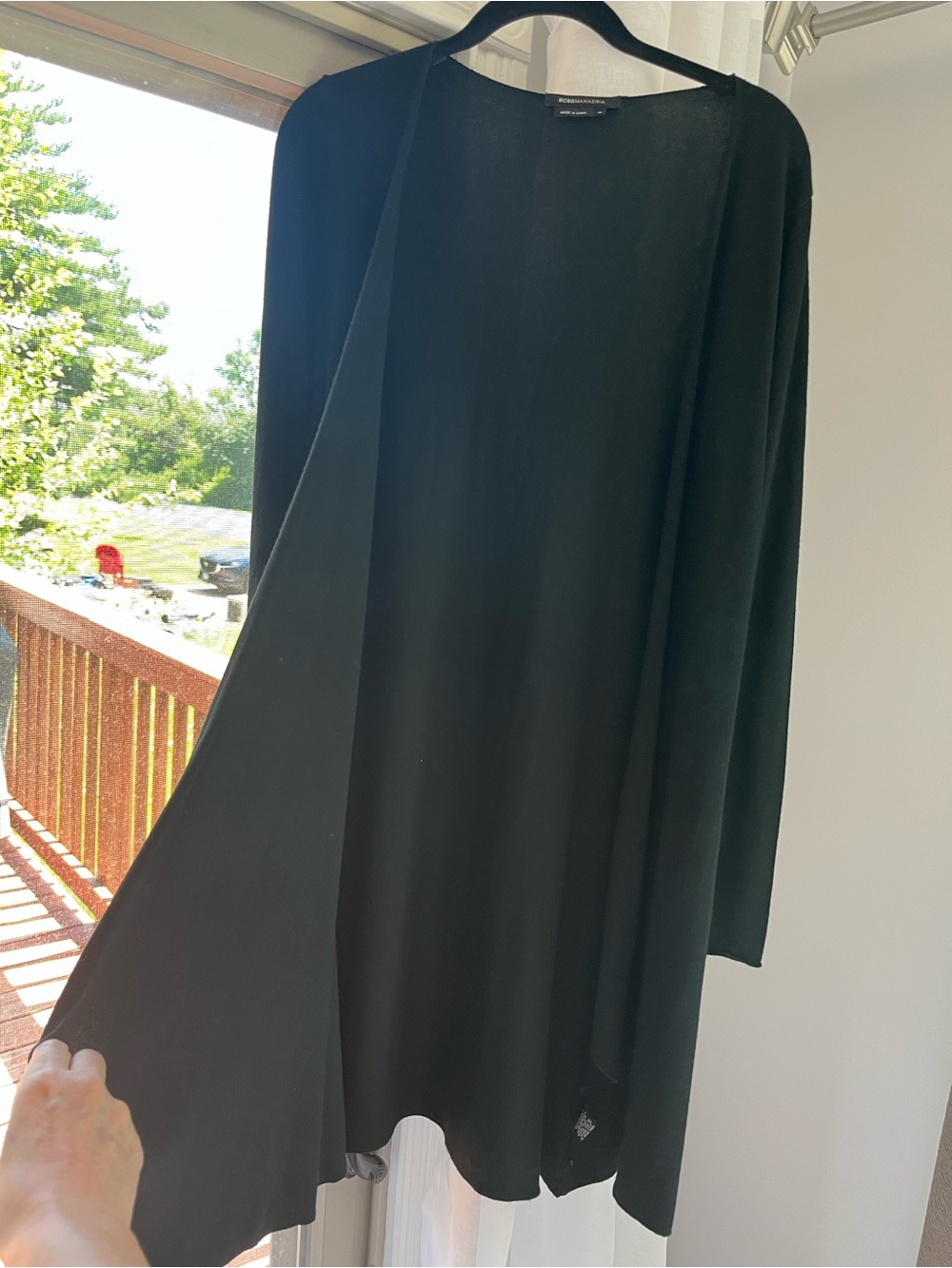 “BCBGMaxAzaria” BLACK cardigan; open; LARGE* lightweight; long-sleeve; stretch